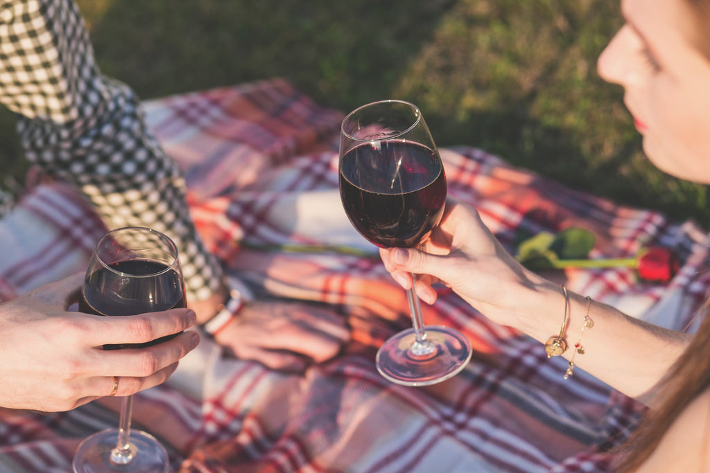 couple toasting on a picnic blanket