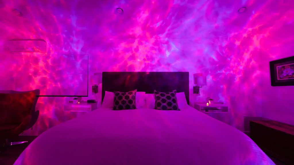 evolve galaxy projector pink effect in bedroom
