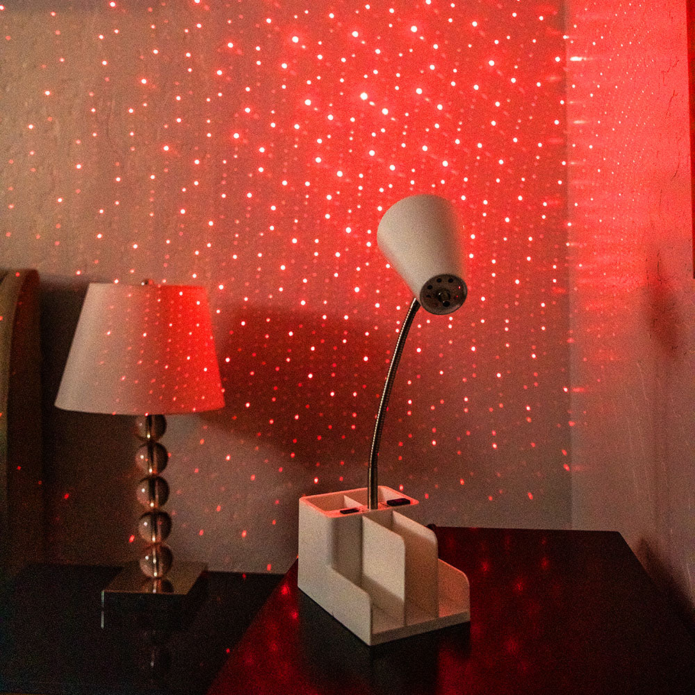 table lamp with blissbulb laser lightbulb in red