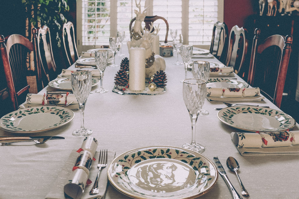 holiday dining table with festive plates