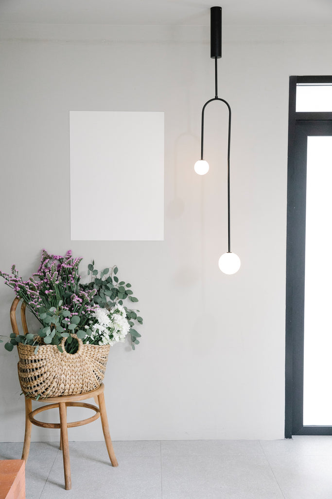 modern minimalist pendant light next to potted plant
