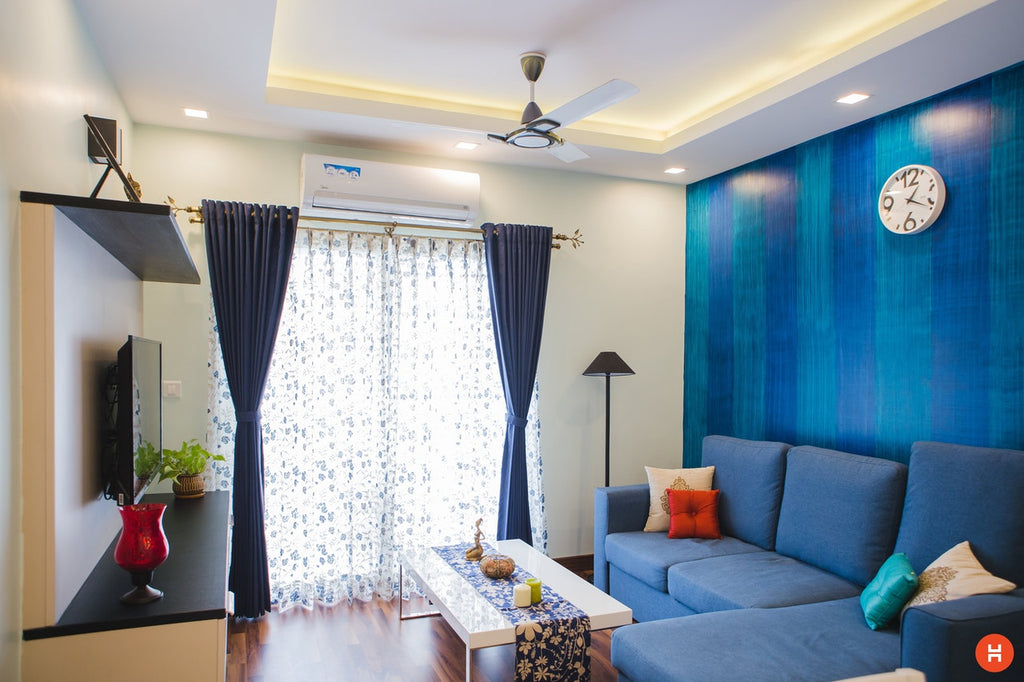 room with blue and white color palette