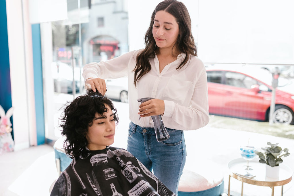 airy salon with blue and pink accents