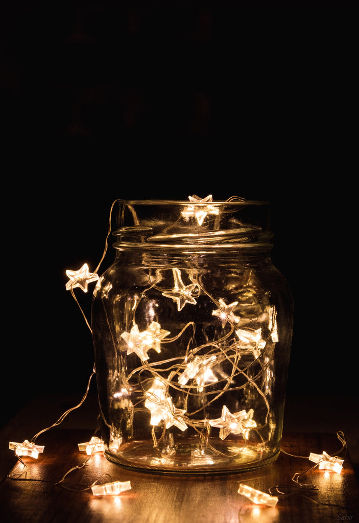 mason jar filled with fairy lights