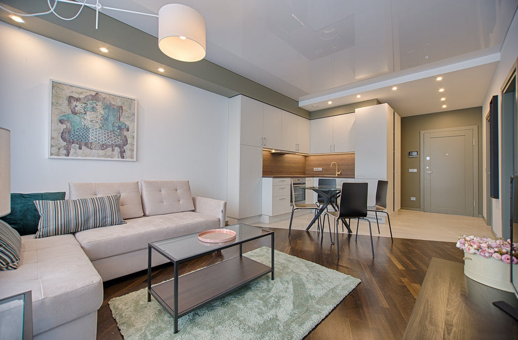 room with neutral walls and light furniture