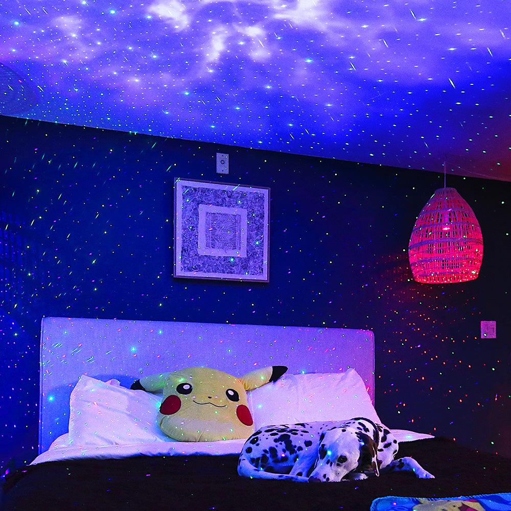 kids room with galaxy lights pickachu pillow and sleeping dalmatian dog