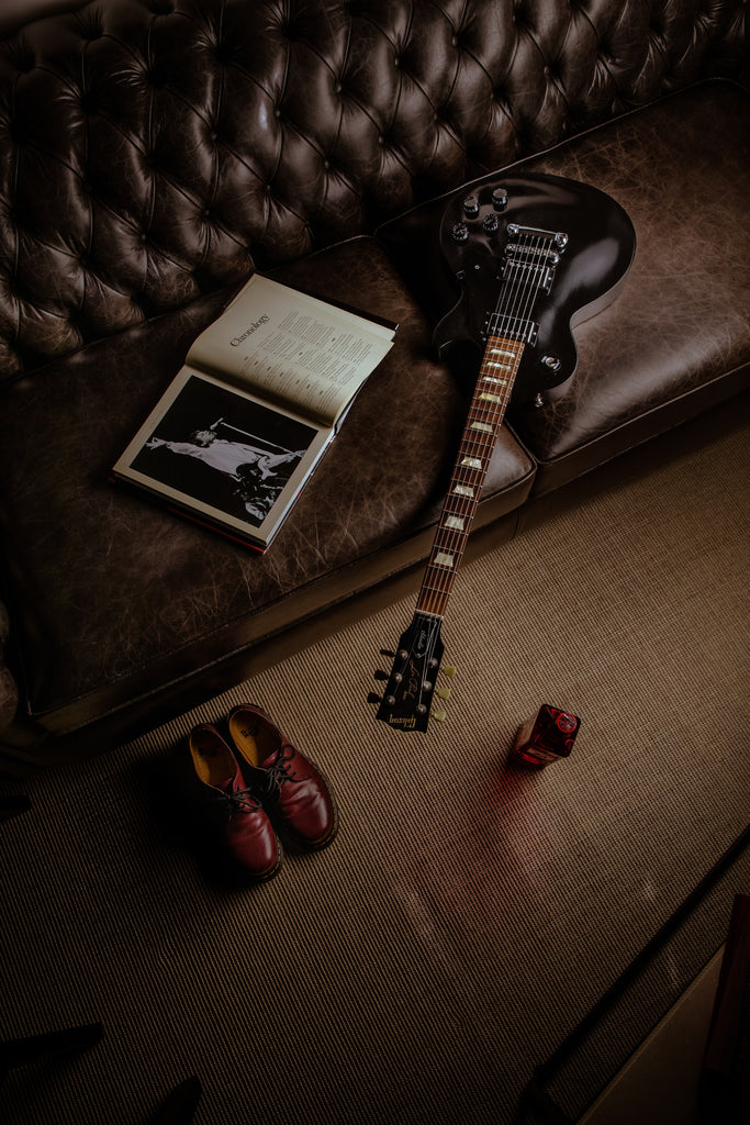 leather couch in music room