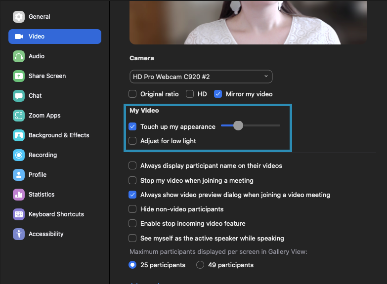 zoom settings touch up appearance