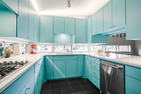 blue u-shape kitchen