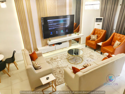 grey and burnt orange living room interior