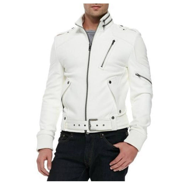Men Racer Moto Biker White Leather Jacket | High Quality Leather ...
