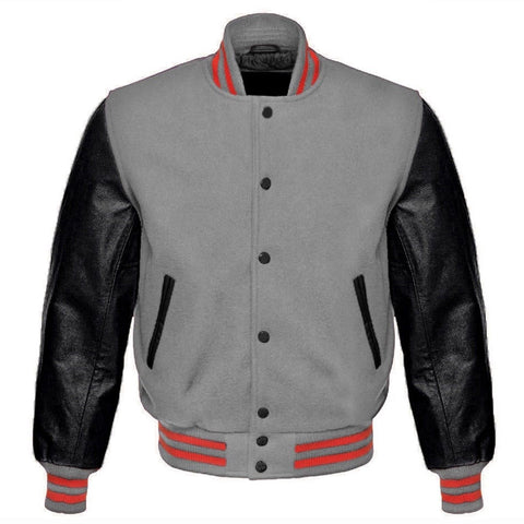 Men Gray Wool Varsity Bomber Jacket | High Quality Leather Jackets For ...