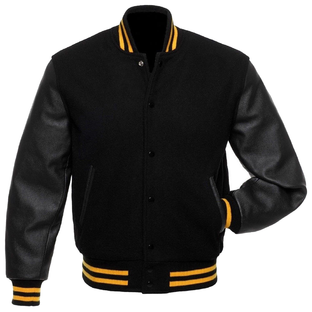 Black Wool Real Leather Sleeves Varsity Jacket | High Quality Leather ...