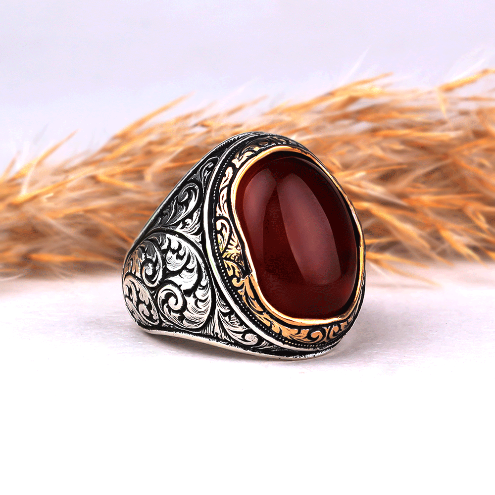 Natural Red Agate Stone Ring 925 Silver - Yemeni Aqeeq | eBay