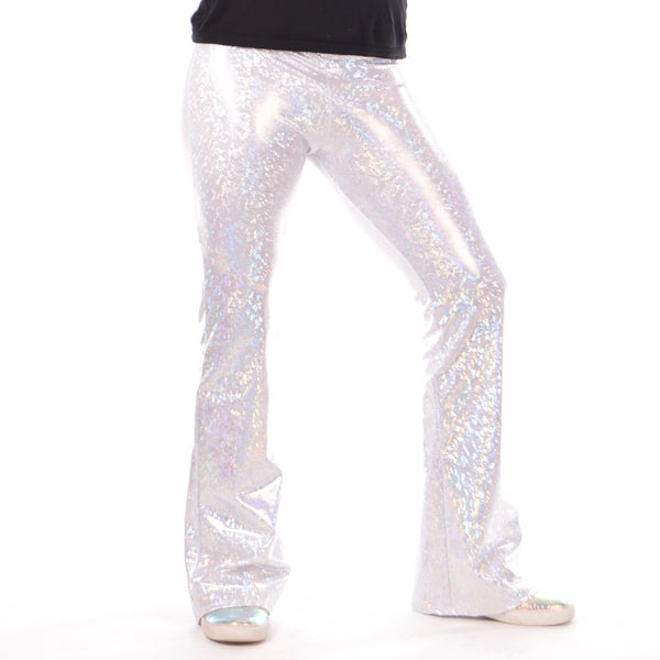 inhzoy Men's Shiny Metallic Fashion Dance Pants Holographic Disco Flared  Pants Bell Bottom Trousers Silver Medium