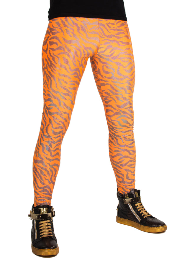 Orange Tiger Meggings, Stripe Animal Print Men's Running Leggings - Made in  USA/EU