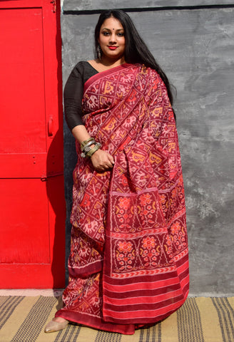 NARI KUNJAR POPAT PHOOL BHAT CERISE SINGLE IKAT COTTON PATOLA SAREE – Neevi  by Ridhima