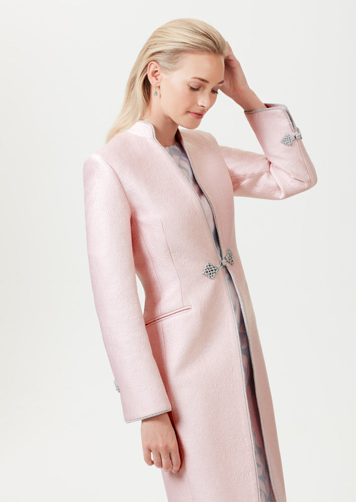 Pale Pink Dress Coat in Silk Brocade with Cord Trim and Frogging - Vicky