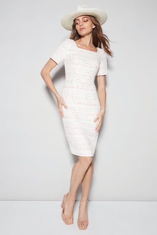 Cream Summer Tweed Dress with Elbow Length Sleeves - Angie