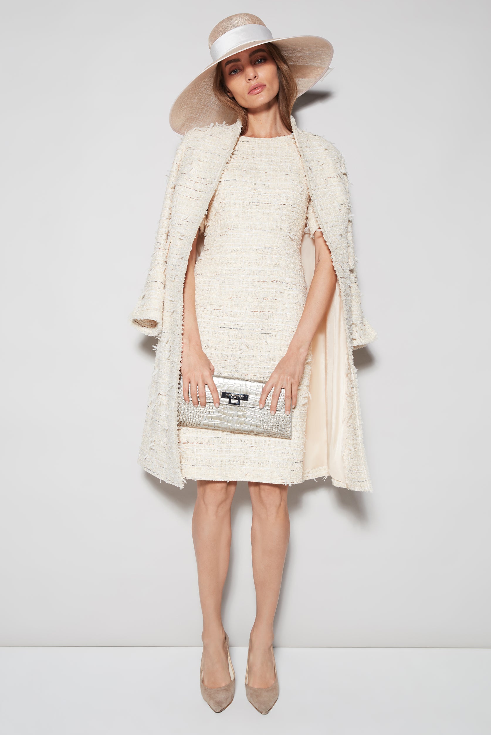 Cream Textured Tweed Dress Coat - Claire