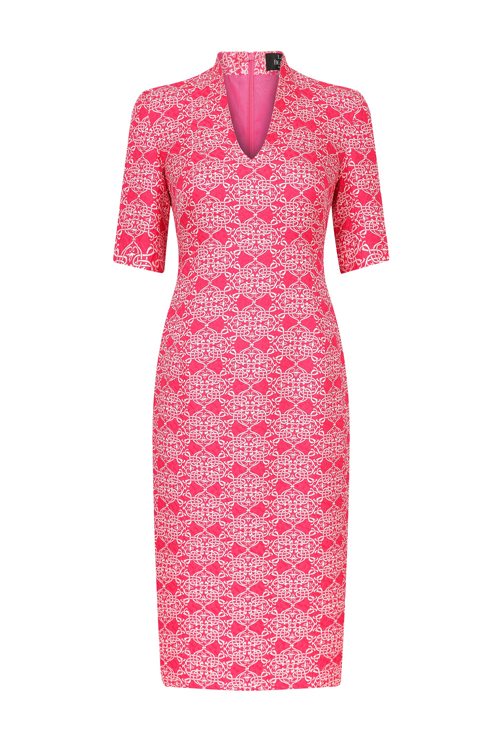 Longer Length Silk/Wool Shift Dress with Sleeves in Fuchsia and Ivory MatelassÃ© - Em