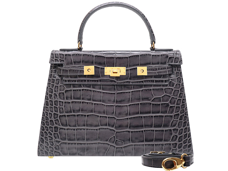 Maya Large Orinoco 'Croc' Print Calf Leather Handbag - Dark Grey