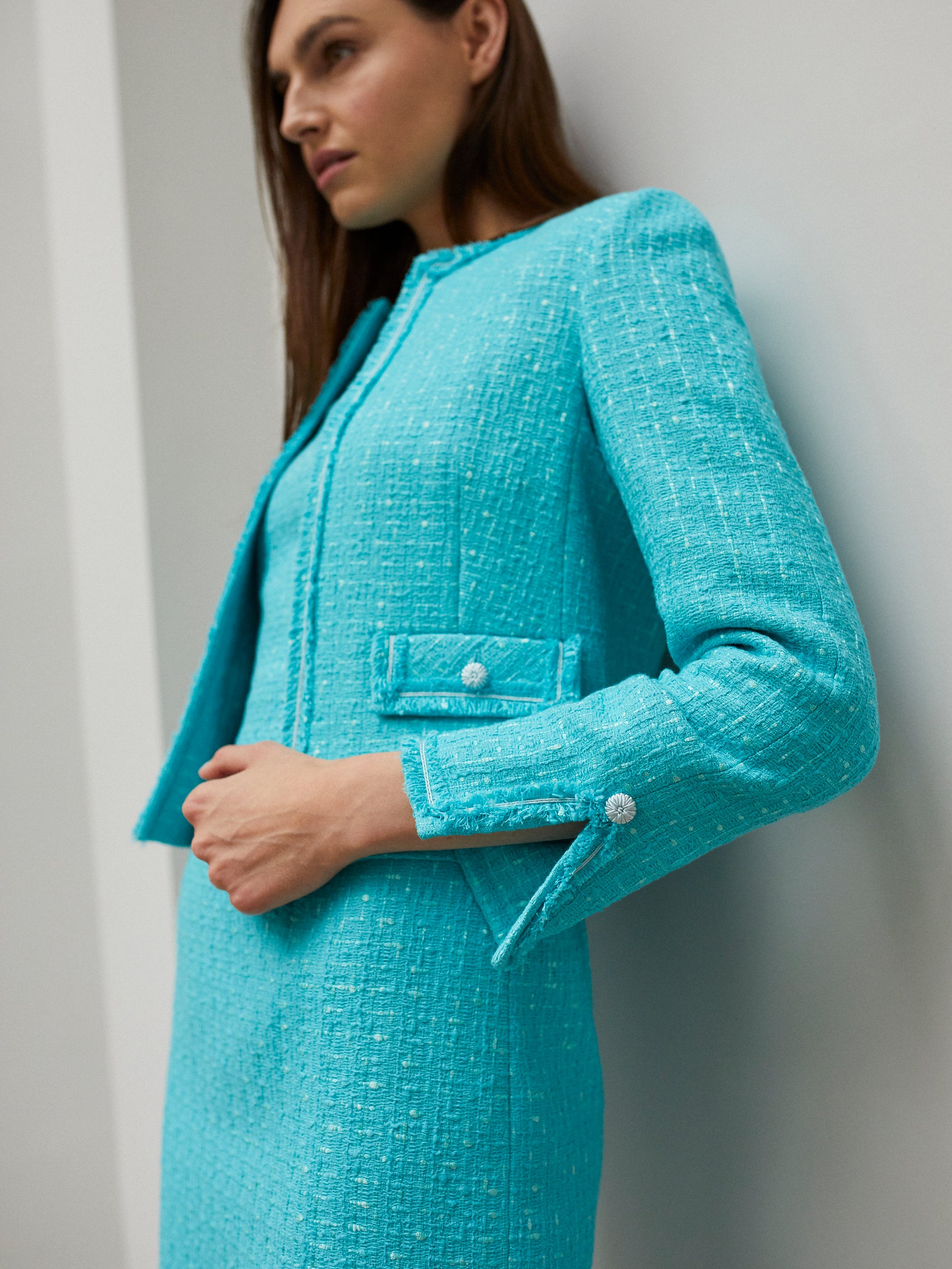 Turquoise Plain Tweed Short Jacket with Fringe Edging - Carrie