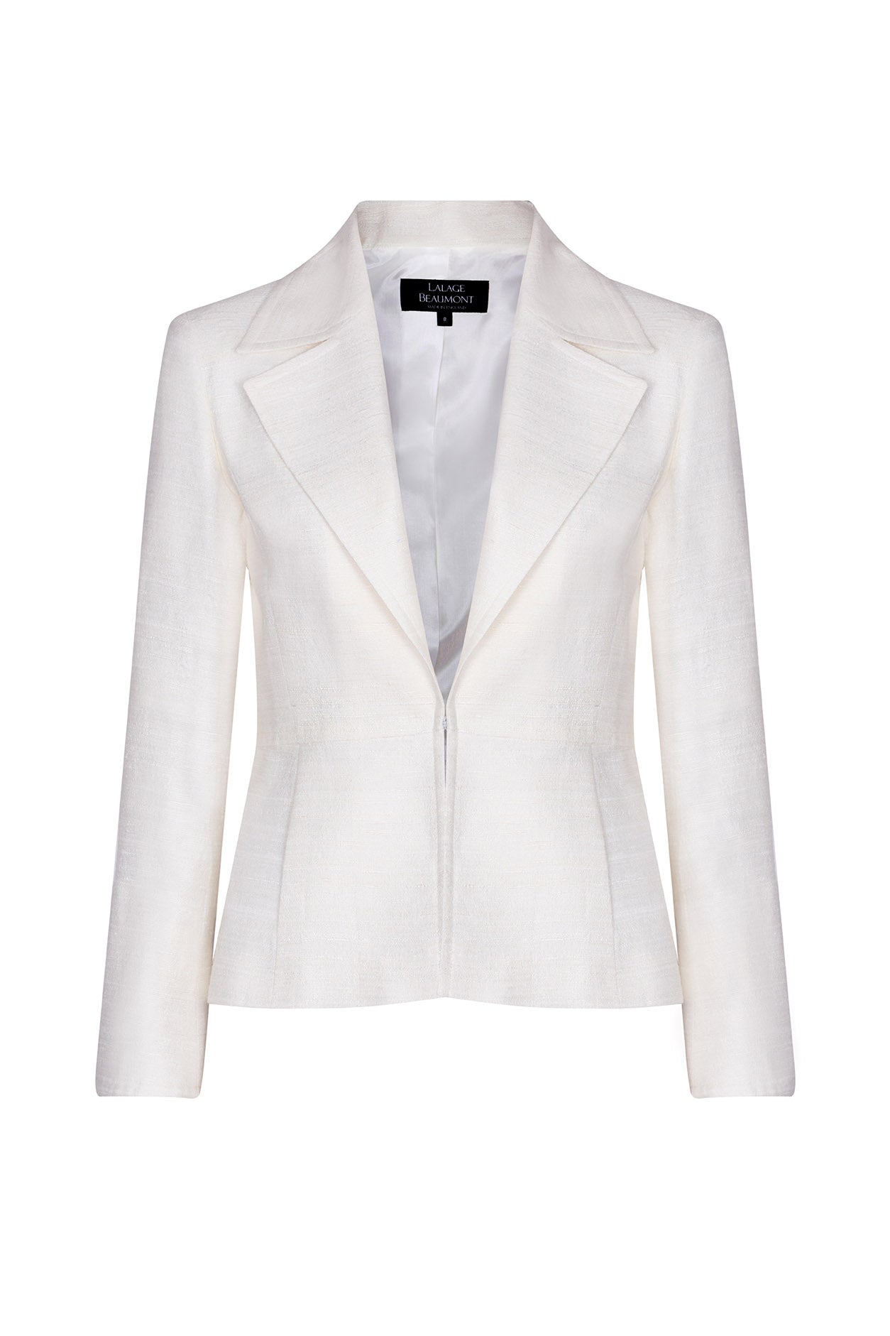 Ivory Raw Silk Tussar Fitted Jacket with Wide Collar and Waist Fastening - Joanna