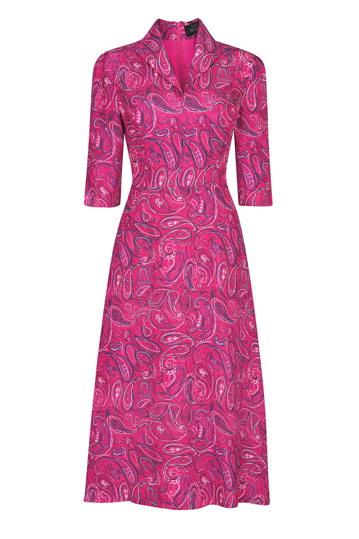 Fuchsia/Navy Paisley Printed Silk CloquÃ© Dress - Naomi