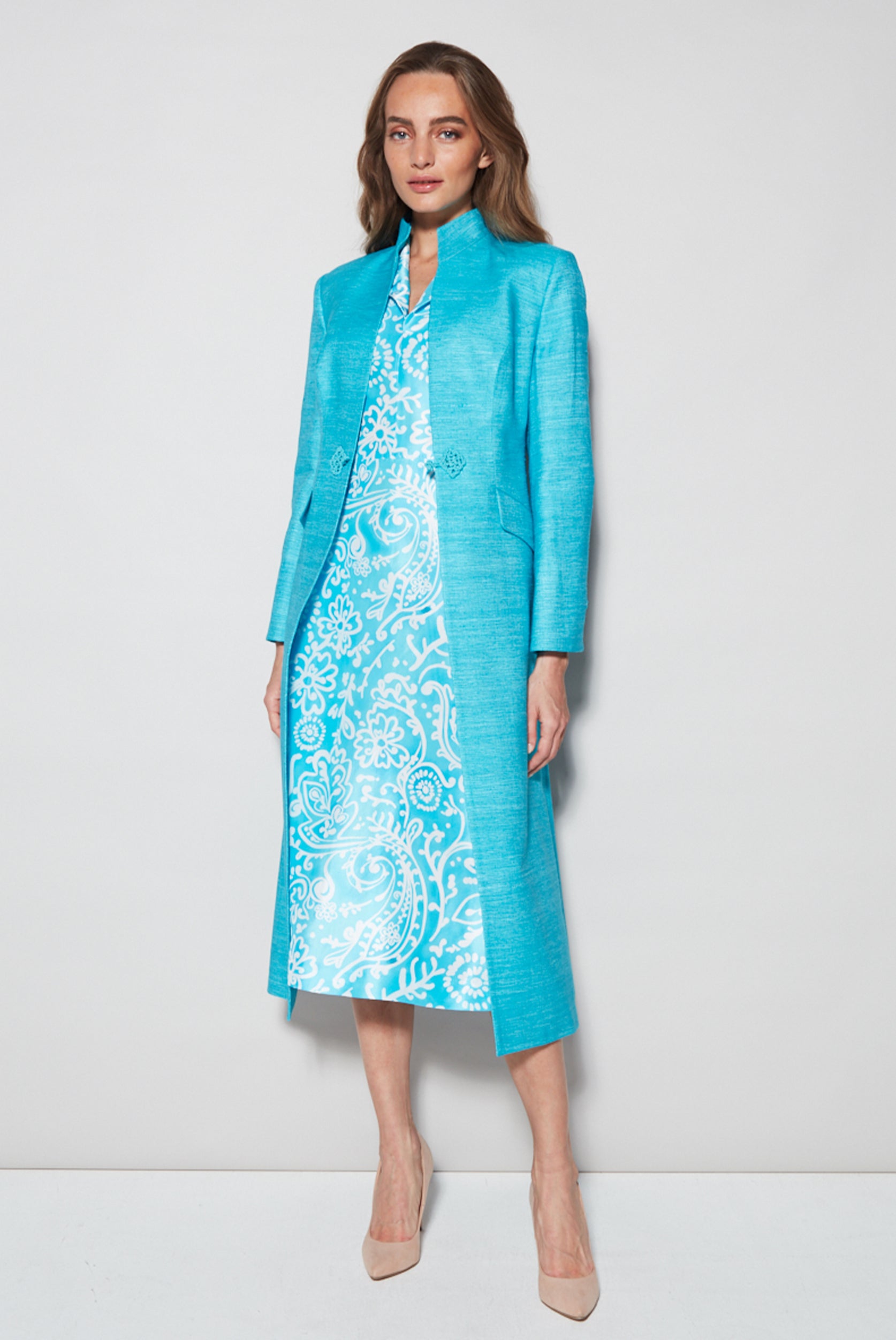 Midi Length Dress Coat in Turquoise Silk Tussar - Vanessa