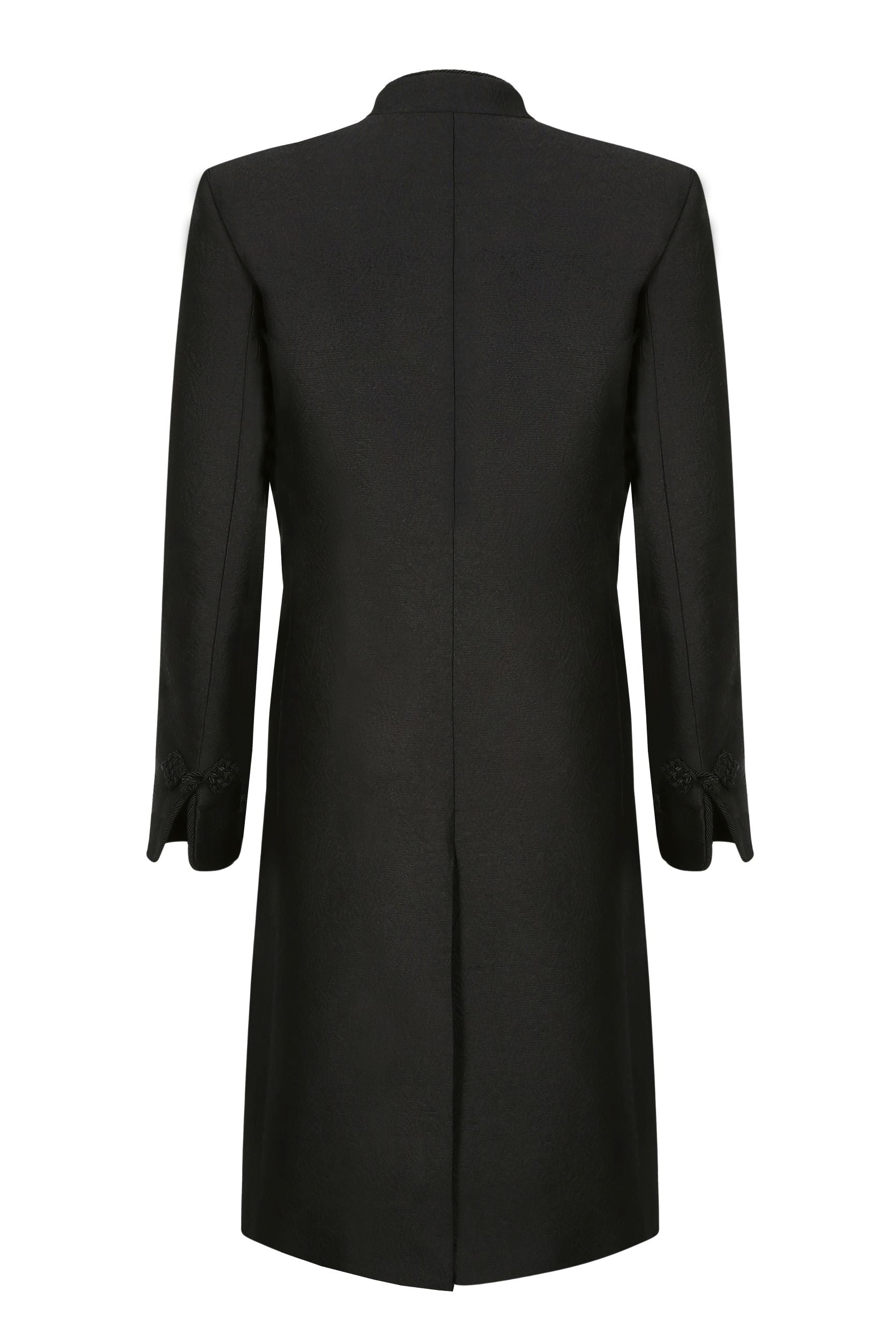 Black Dress Coat in Summer Brocade with Cord Trim and Frogging - Vicky