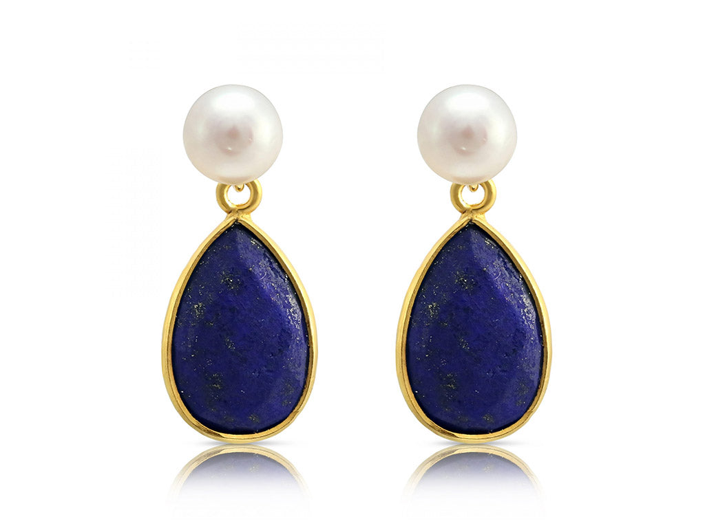 Freshwater Pearl Stud and Lapis Tear Drop Earrings