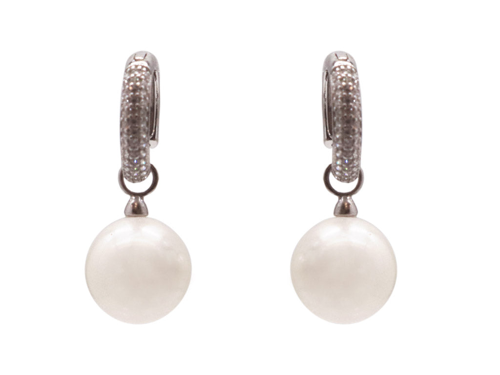 PavÃ© Hoop âHuggieâ Earrings with Mother of Pearl Drops - White