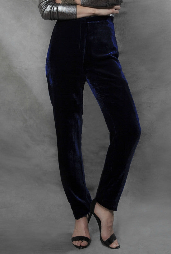 Navy Velvet Narrow Leg Trousers 