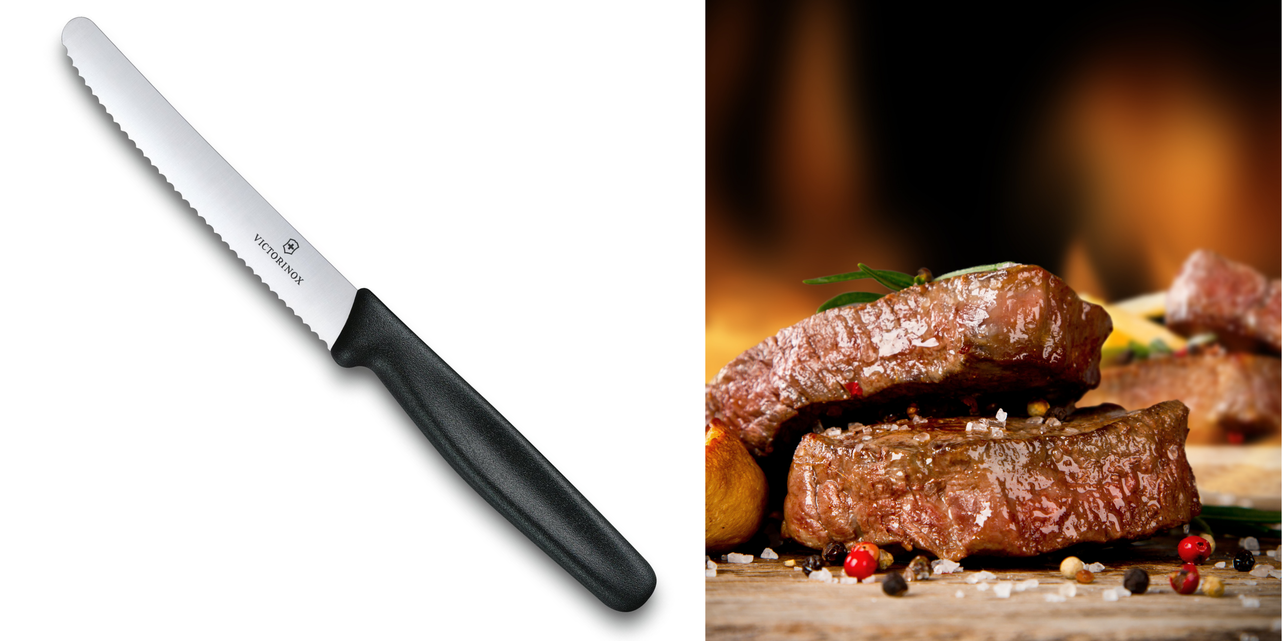 Couteau à steak de 4,5" avec bord dentelé et photo de deux steaks cuits