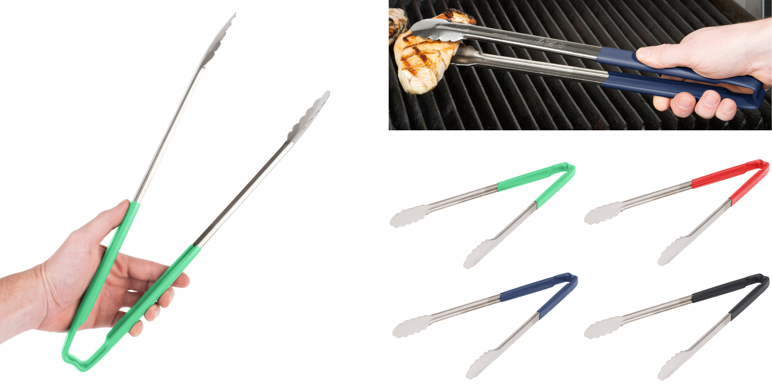 Multiple colours of kool-touch tongs. Shows them being used to flip chicken on the bbq