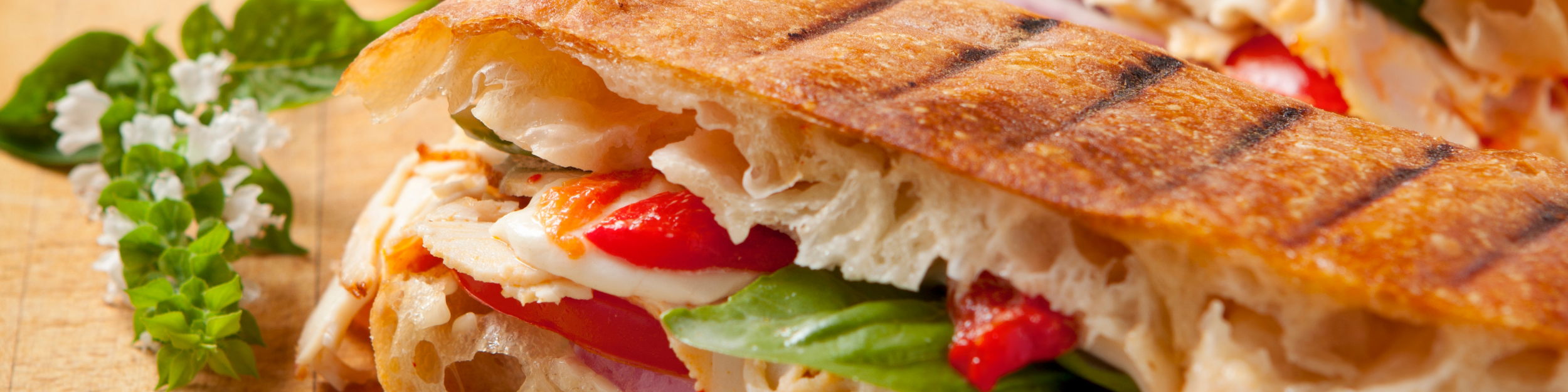 Panini grilled sandwich with cheese, meat and vegetables