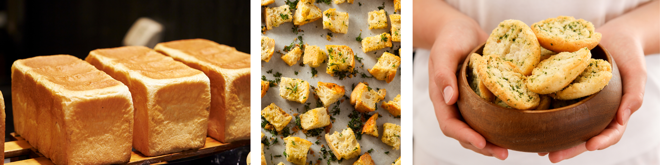 Loaves of bread, croutons and crostini