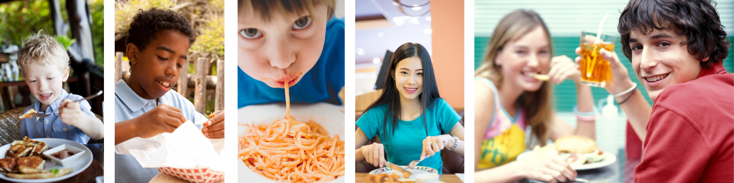 Different groups of kids eating dinner