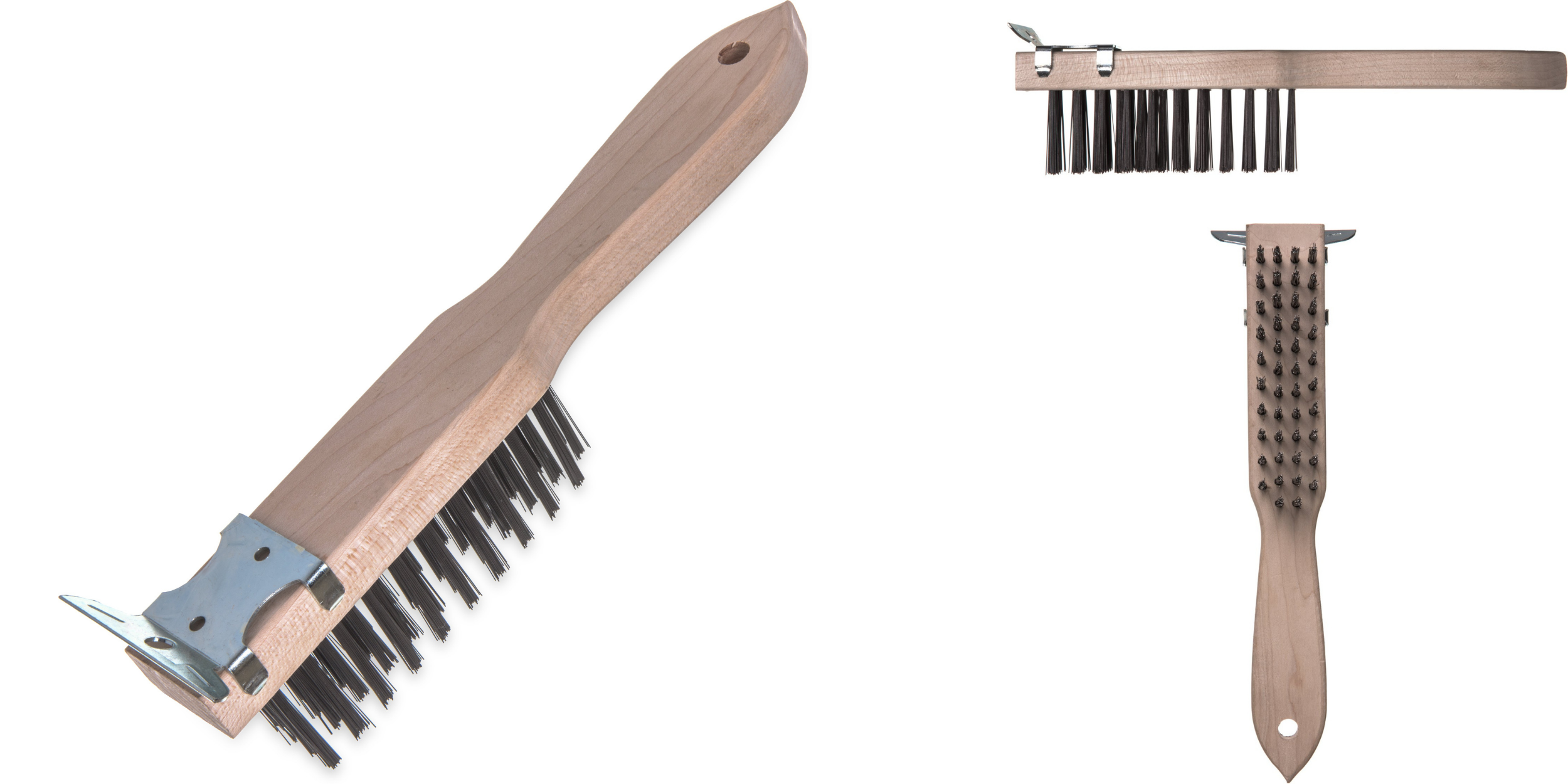 Grill scraper with tempered steel bristles and a wood handle