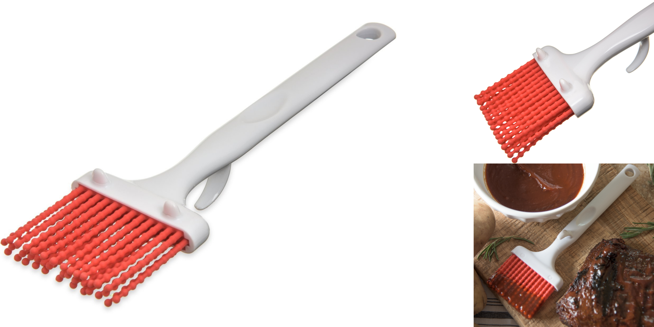 Silicone basting brush. Red bristles, white handle. Brush is pictured next to bowl of sauce