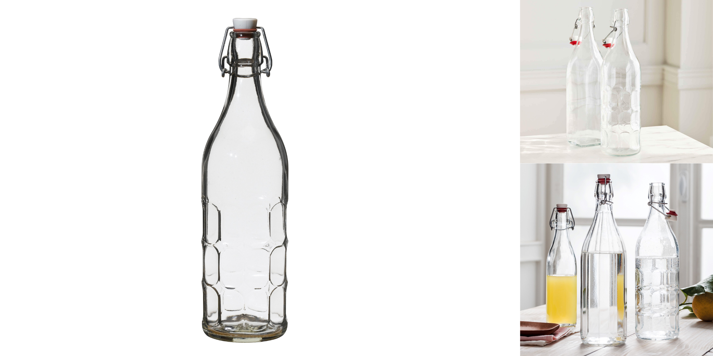 34 oz serving glass bottle. Displayed both empty and with drinks in them