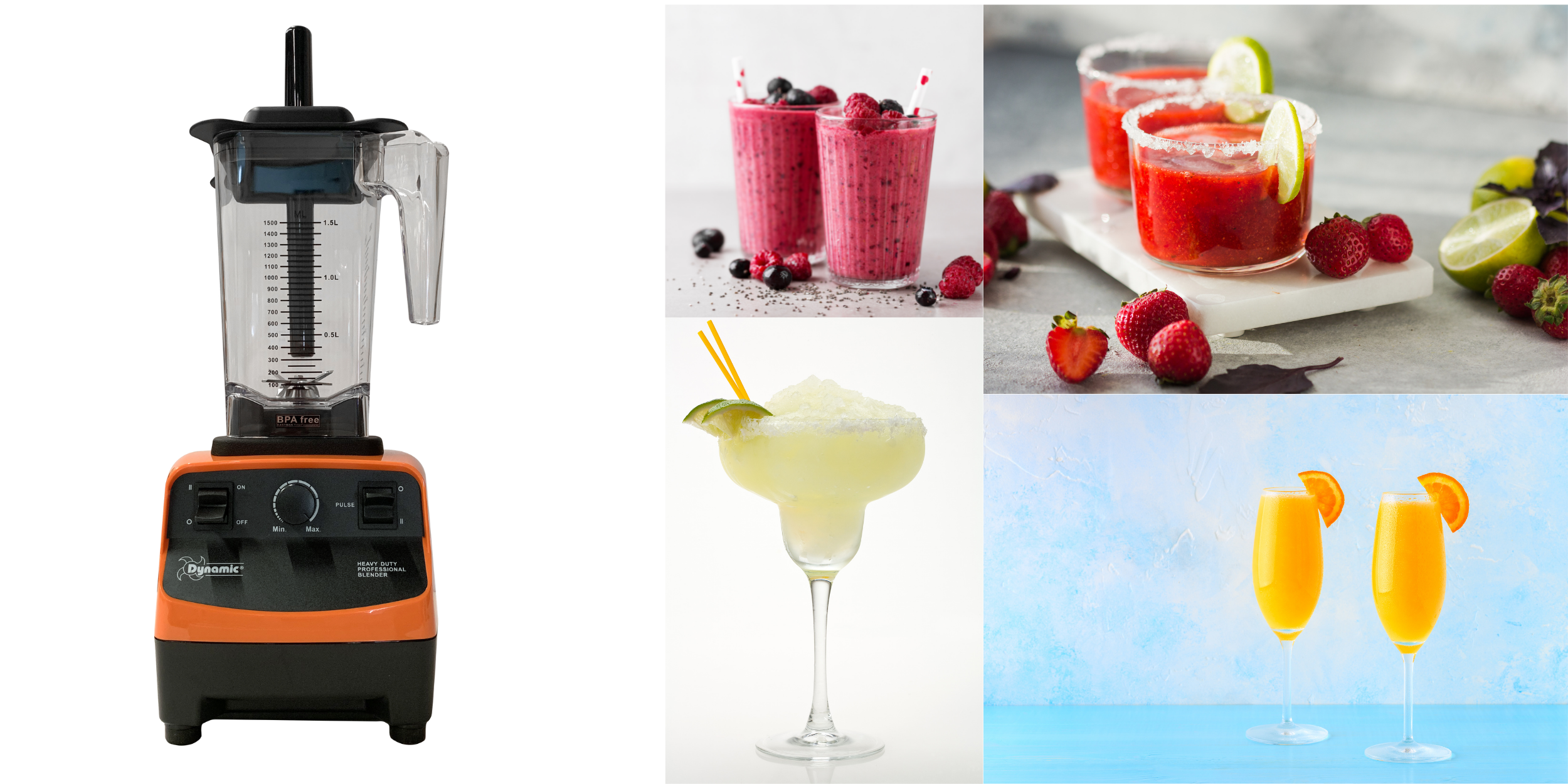 Countertop blender. Various frozen drinks displayed in different cocktail glasses