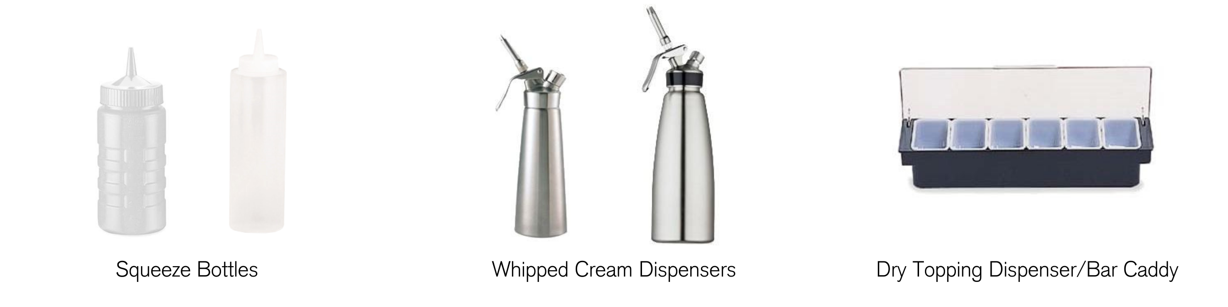 Squeeze bottles, whipped cream dispenser, bar caddy