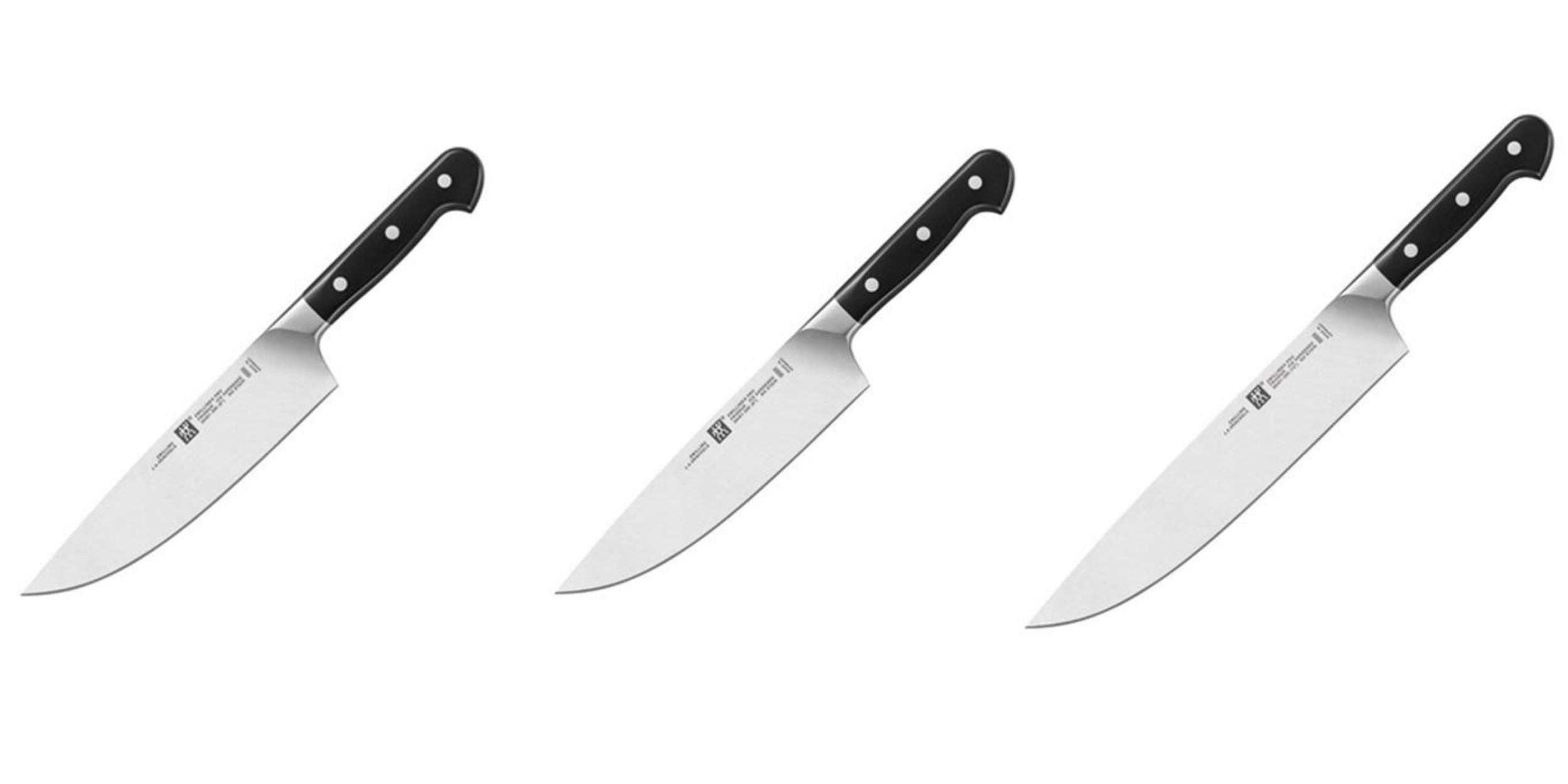 Straight back chef knife with black handle and 3 rivets