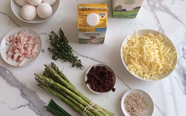Ingredients for Perfect Crustless Quiche with Roasted Asparagus, Lemon Thyme and Sun-Dried Tomatoes