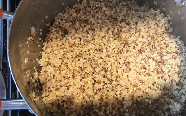 Place quinoa in a 2-quart pot and toast on medium heat till fragrant—about 1 minute.