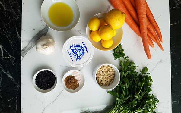 Ingredients for Shredded Carrot Salad with Lemon, Garlic and Labneh