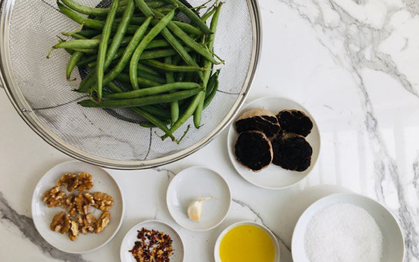 Ingredients for Green Beans with Black Garlic Sauce and Toasted Walnuts