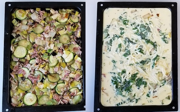 Distribute the zucchini mixture in an even layer into the greased 12x18x1-inch sheet pan.